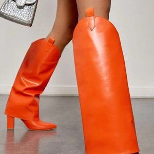 CUCCOO Trending Neon Orange Point Toe Chunky Heeled Western Boots